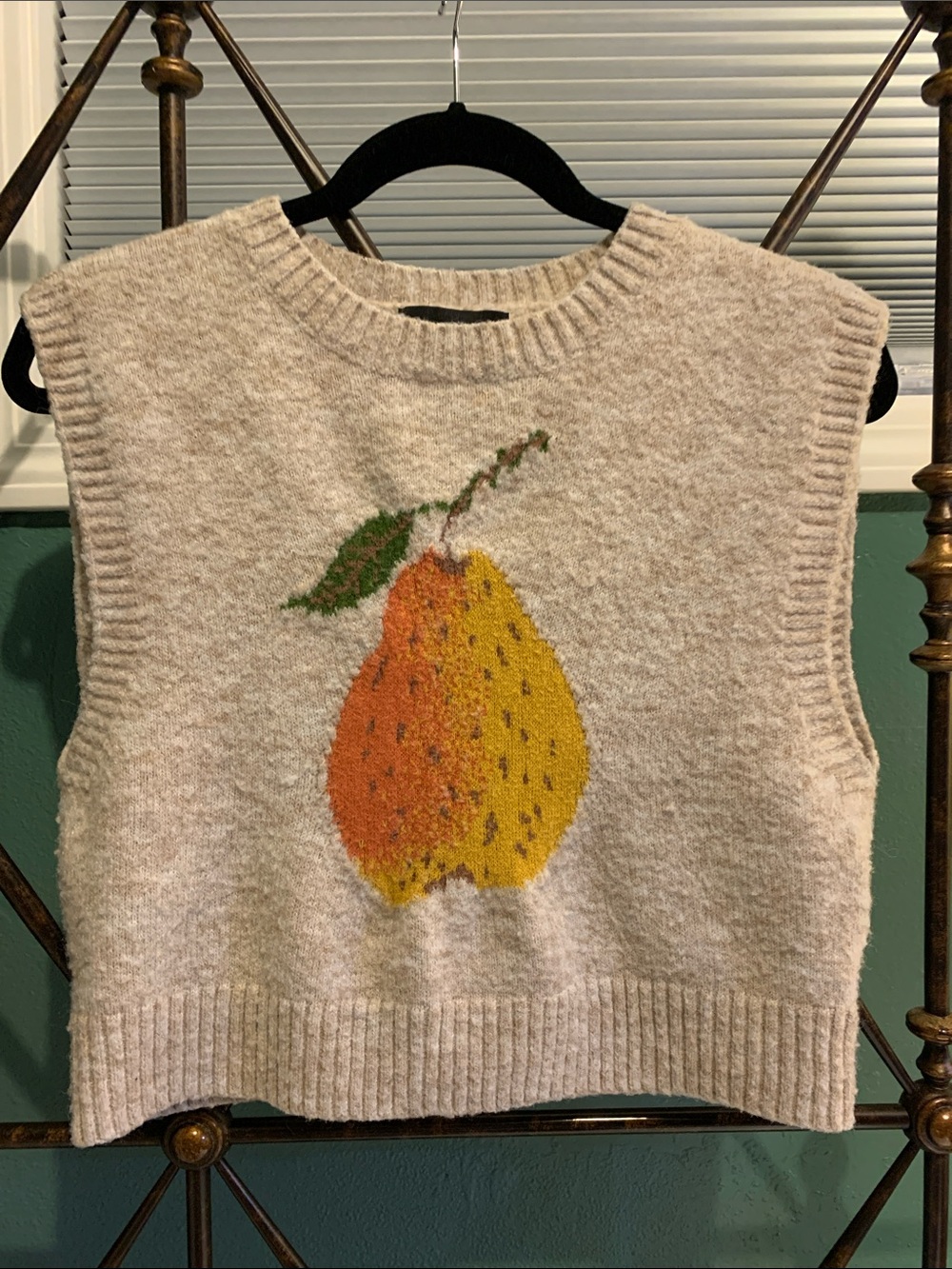 Cider Cream Knit Sweater Vest with Orange and Yellow Pear Motif